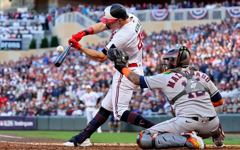 Max Kepler #26 of the Minnesota Twins fouls off a pitch in the seventh inning against the Houston Astros during Game Three of the Division Series at Target Field on October 10, 2023 in Minneapolis, Minnesota.