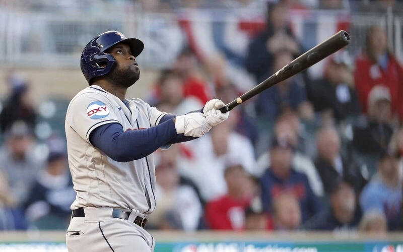 Yordan Alvarez #44 of the Houston Astros hits a home run in the ninth inning against the Minnesota Twins during Game Three of the Division Series at Target Field on October 10, 2023 in Minneapolis, Minnesota.