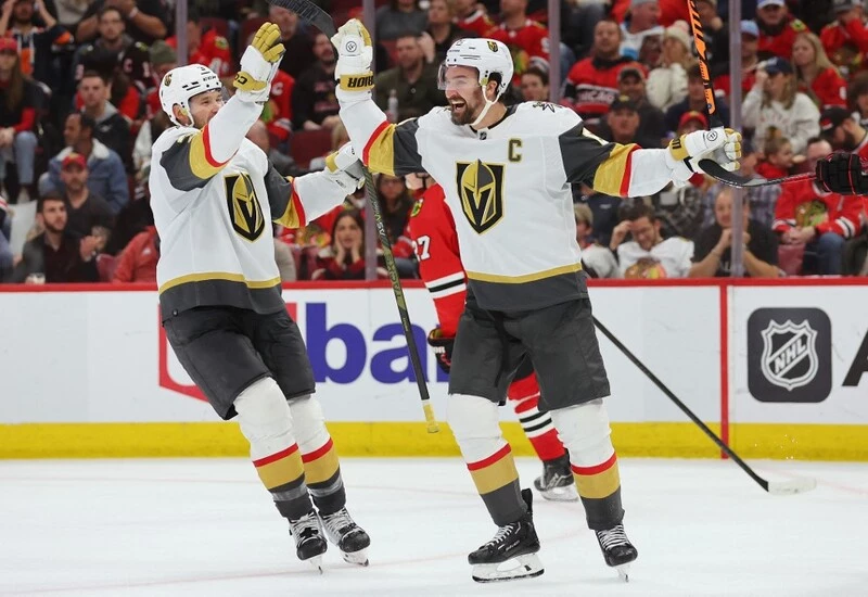 Mark Stone #61 of the Vegas Golden Knights celebrates after scoring a goal against the Chicago Blackhawks during the third period at the United Center on October 21, 2023 in Chicago, Illinois. The Blackhawks vs Golden Knights Odds are set.