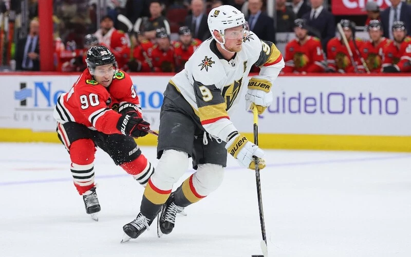 Jack Eichel #9 of the Vegas Golden Knights skates with the puck against the Chicago Blackhawks during the third period at the United Center on October 21, 2023 in Chicago, Illinois. The Blackhawks vs Golden Knights Odds are set.