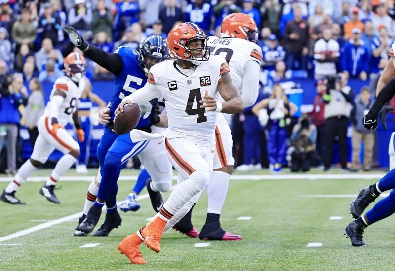 Deshaun Watson #4 of the Cleveland Browns throws an interception during the first quarter against the Indianapolis Colts at Lucas Oil Stadium on October 22, 2023 in Indianapolis, Indiana. The Browns vs Seahawks betting odds are already set.