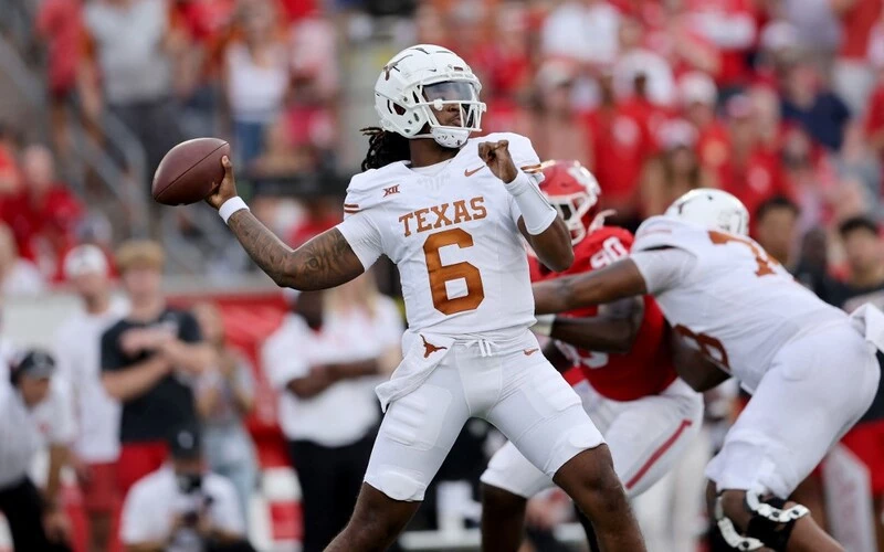 Maalik Murphy #6 of the Texas Longhorns throws a pass in the second half against the Houston Cougars at TDECU Stadium on October 21, 2023 in Houston, Texas. The BYU vs Texas Odds are set for Saturday's game.