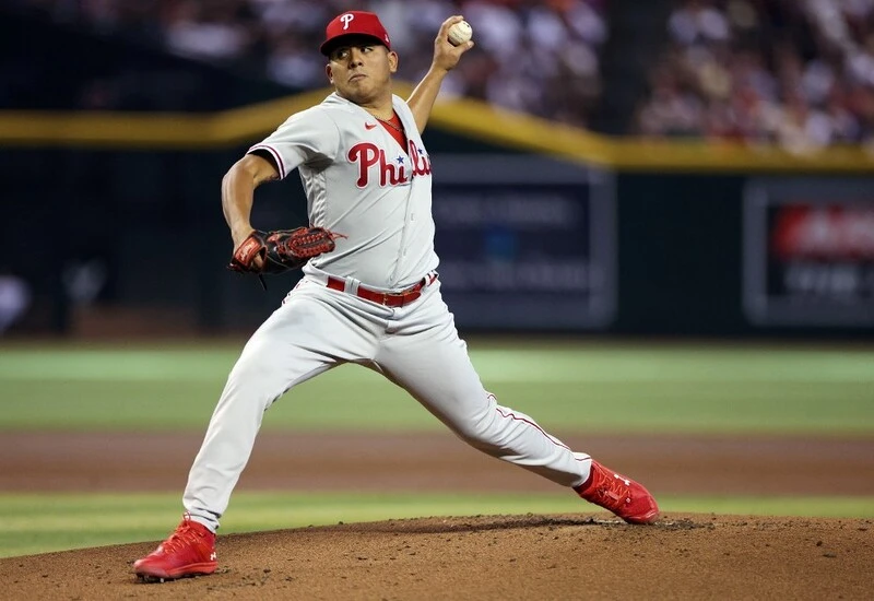 Ranger Suarez #55 of the Philadelphia Phillies throws a pitch against the Arizona Diamondbacks during the first inning in Game Three of the National League Championship Series at Chase Field on October 19, 2023 in Phoenix, Arizona. The Diamondbacks vs Phillies Odds are ready for tonight's game.