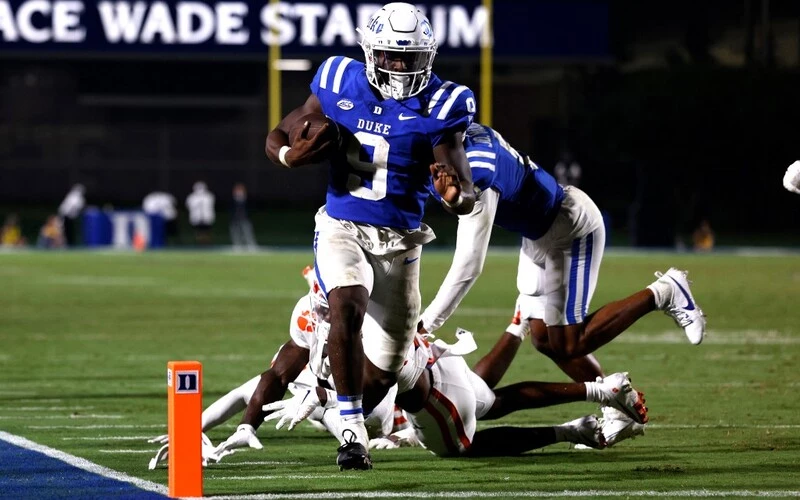 Jaquez Moore #9 of the Duke Blue Devils runs for a touchdown against the Clemson Tigers. The Duke vs Florida State Odds for this game are available.