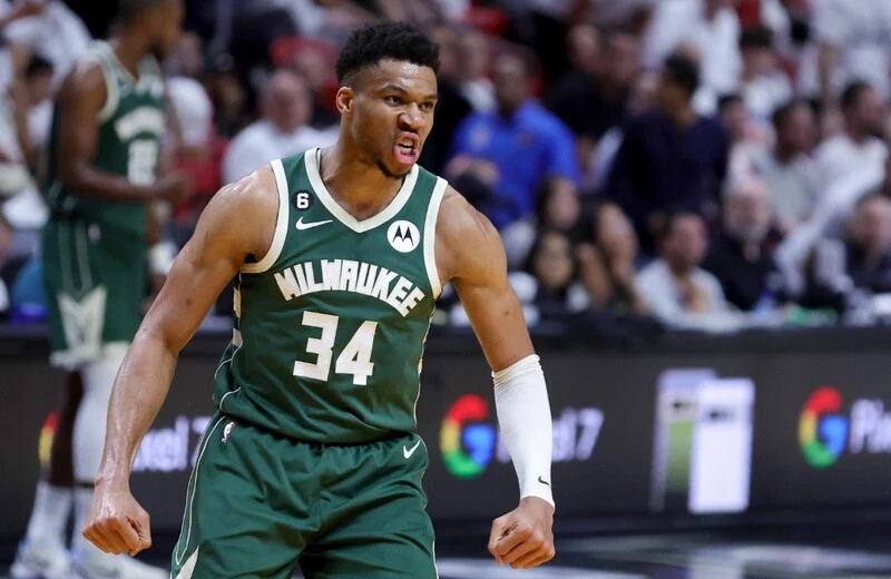 Giannis Antetokounmpo #34 of the Milwaukee Bucks reacts during the third quarter against the Miami Heat in Game Four of the Eastern Conference First Round Playoffs at Kaseya Center on April 24, 2023 in Miami, Florida. The Heat vs Bucks Odds are already set for tonight's game.
