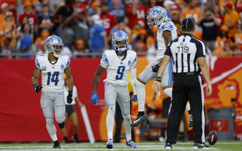 Amon-Ra St. Brown #14 of the Detroit Lions and Josh Reynolds #8 of the Detroit Lions celebrates with Jameson Williams #9 of the Detroit Lions after Williams' receiving touchdown during the third quarter against the Tampa Bay Buccaneers.