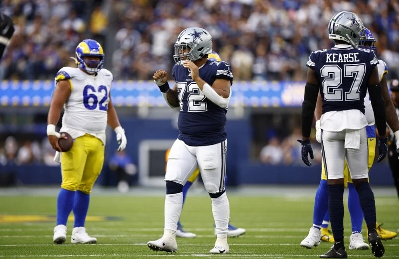 Trysten Hill #72 of the Dallas Cowboys at SoFi Stadium on October 09, 2022 in Inglewood, California. The Rams vs Cowboys betting odds are set.
