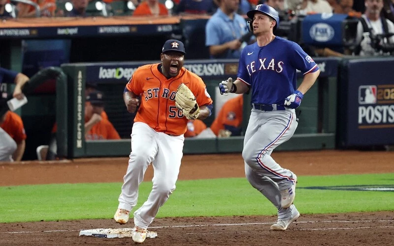 Hector Neris #50 of the Houston Astros celebrates after tagging out Corey Seager #5 of the Texas Rangers to close out the top of the seventh inning in Game Six of the American League Championship Series at Minute Maid Park on October 22, 2023 in Houston, Texas. The Rangers vs Astros Odds are ready to analyze.