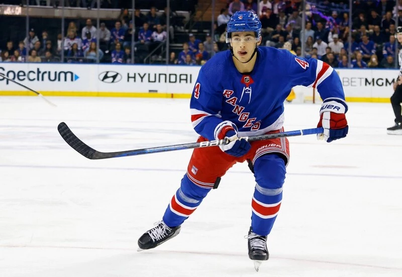 Braden Schneider #4 of the New York Rangers skates against the Nashville Predators at Madison Square Garden on October 19, 2023 in New York City. The Rangers vs Canucks Odds are already set.