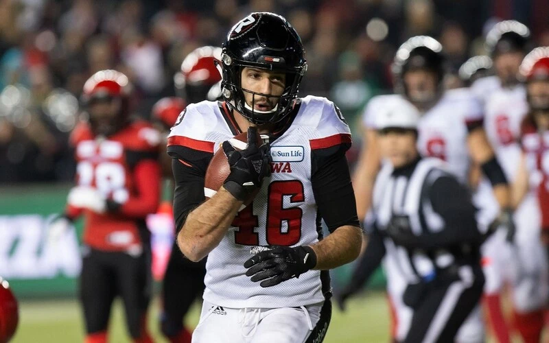Jean-Christophe Beaulieu #46 of the Ottawa Redblacks scores a touchdown against the Calgary Stampeders during the Grey Cup at Commonwealth Stadium on November 25, 2018 in Edmonton, Alberta, Canada. The Argonauts vs Redblacks Betting Odds are set.
